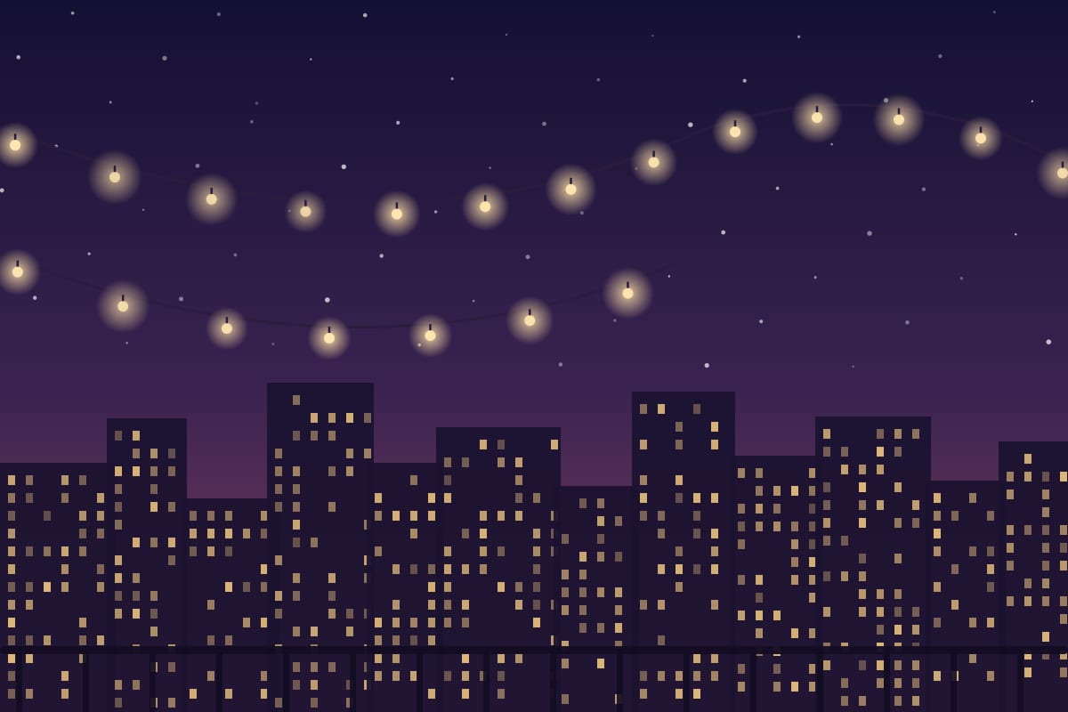 A rooftop strung with lights, revealed after the question is answered